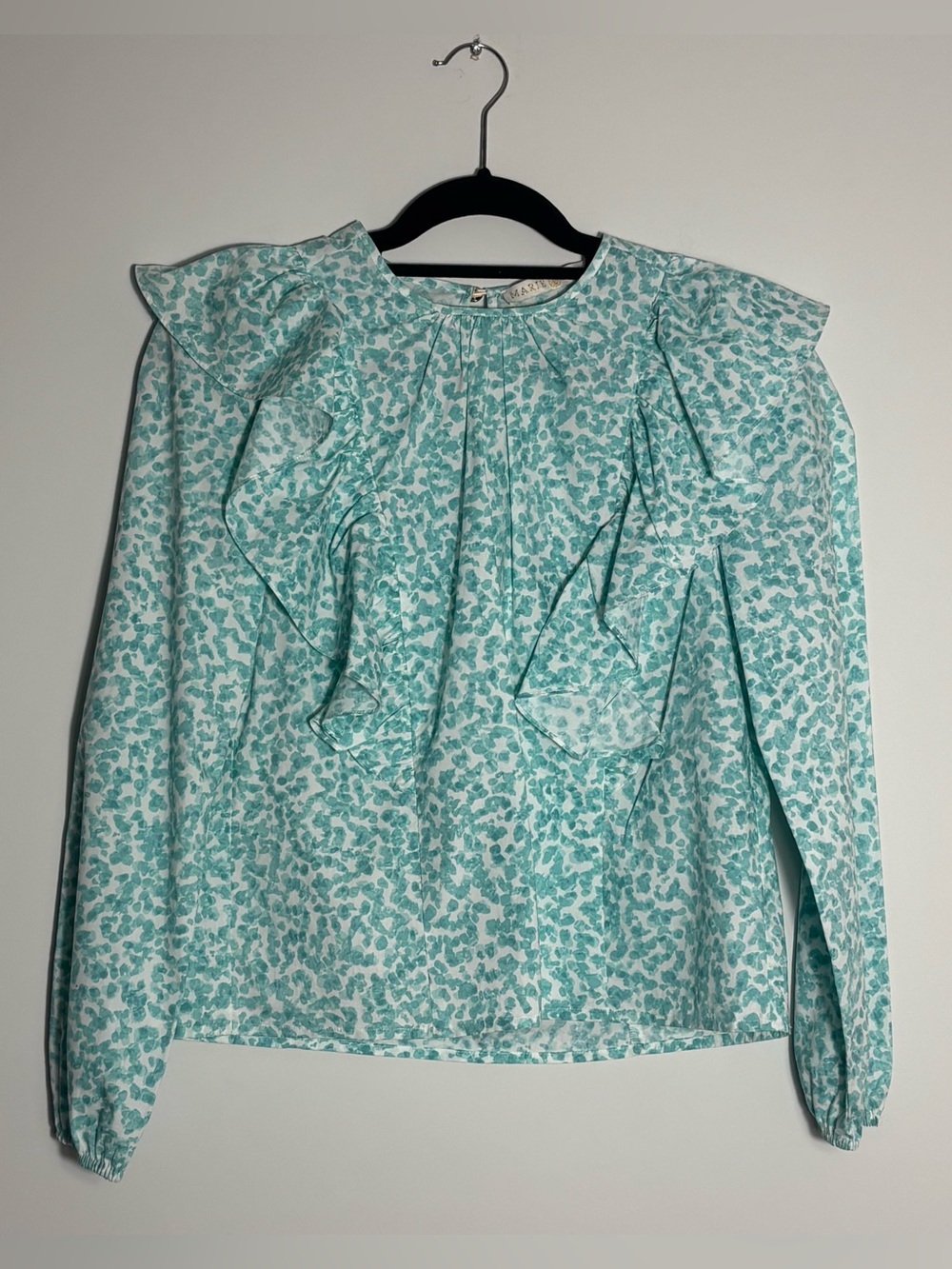 Marie Oliver XS Light Blue & White Abstract Print Ruffle Blouse Lightweight Top